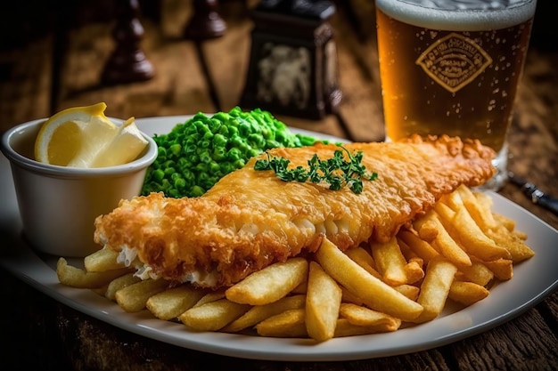 A plate of fish and chips with a glass of beer