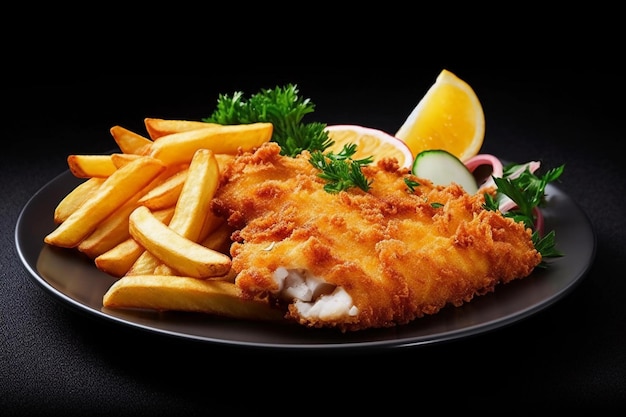 A plate of fish and chips with a side of vegetables.