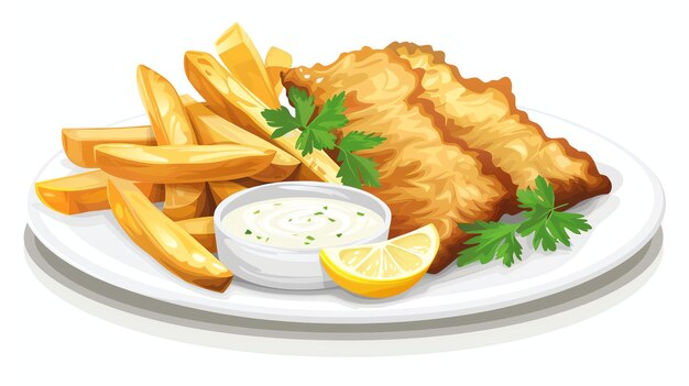 A plate of fish and chips with tartar sauce and lemon wedge The fish is battered and fried and the chips are golden brown
