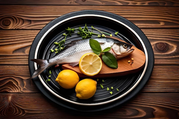 A plate of fish and lemons on a wooden table.