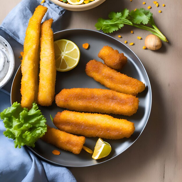 A plate of fish sticks with a bowl of lemons and a bowl of parsley.