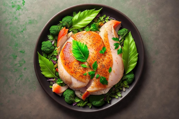 A plate of fish and vegetables on a black background