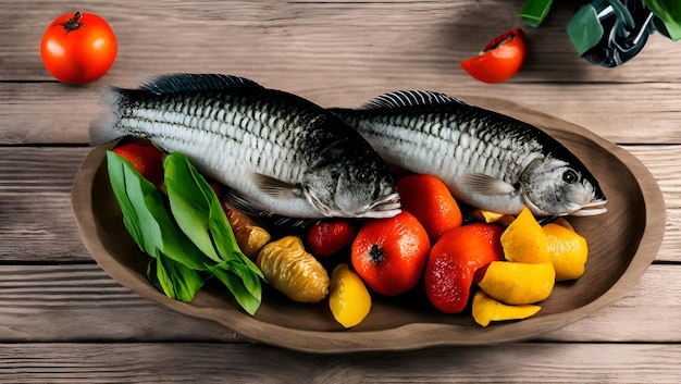 A plate of fish and vegetables on a wooden table