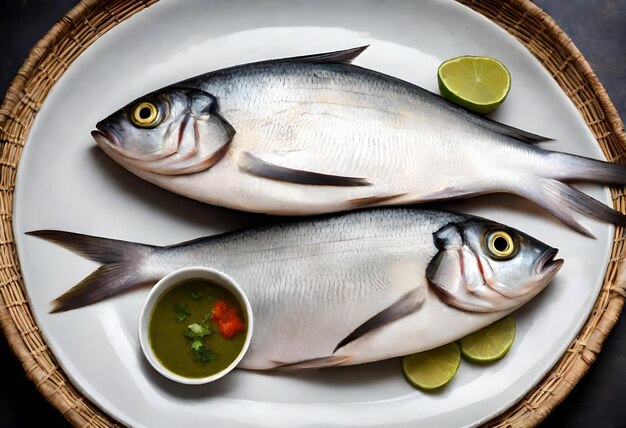 Photo a plate of fish with a bowl of soup and a bowl of soup