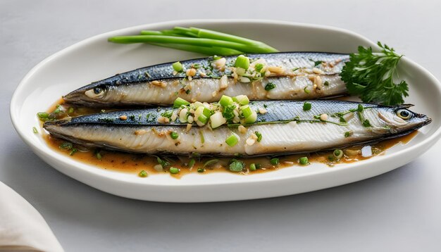 Foto un piatto di pesce con un mucchio di fagioli verdi e piselli