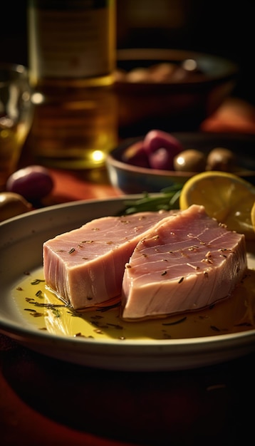 A plate of fish with a lemon on the side