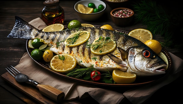 A plate of fish with lemons and herbs on it