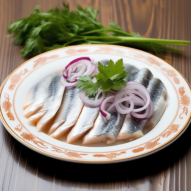 a plate of fish with onions and parsley