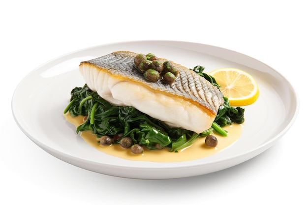 A plate of fish with spinach and lemon sauce