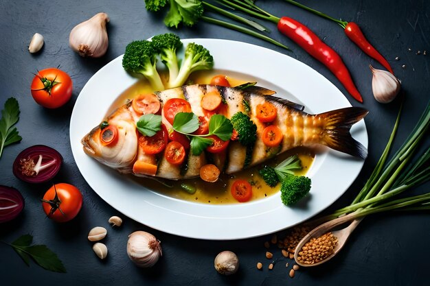 A plate of fish with vegetables and vegetables on it