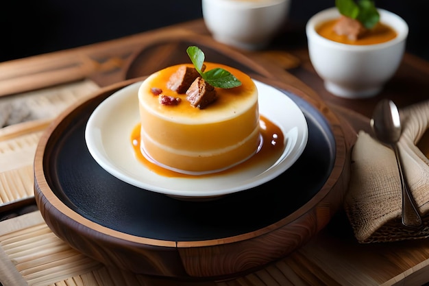 A plate of flan dessert with a leaf on it