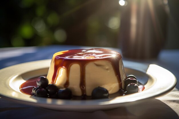 A plate of flan with blueberries and a spoon on the side