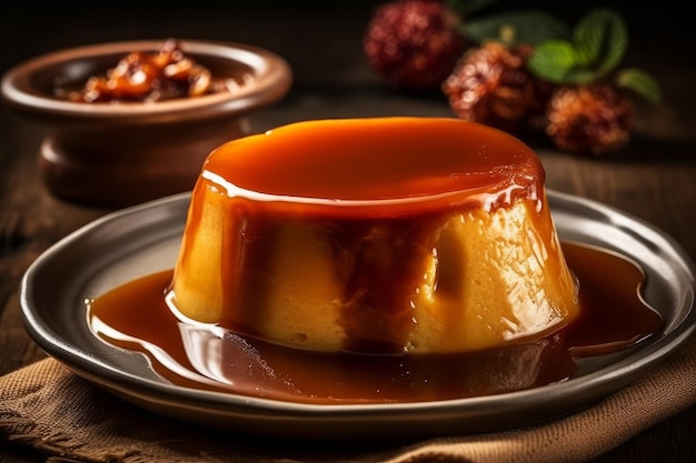 A plate of flan with a bowl of fruit in the background