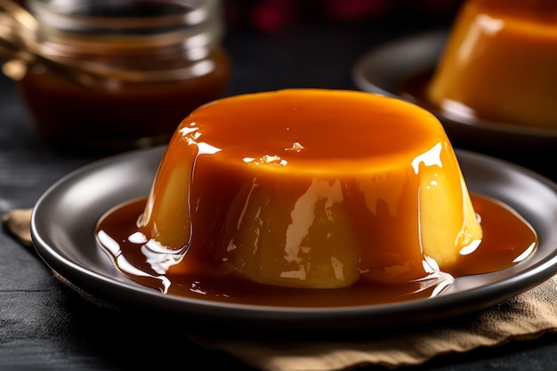 A plate of flan with caramel sauce on it