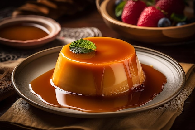 A plate of flan with a green leaf on it