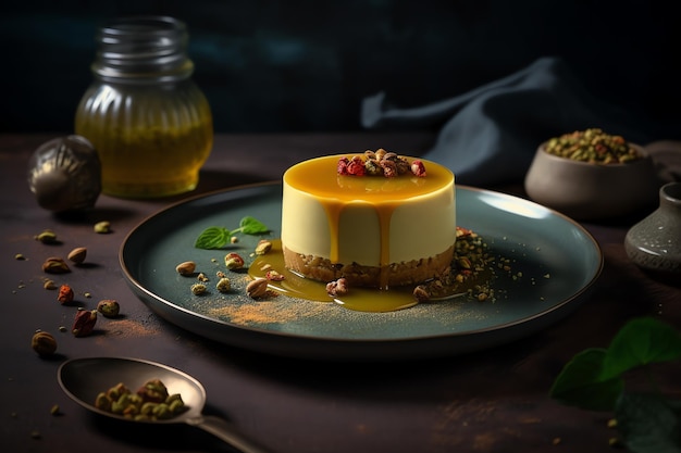 A plate of a flan with a jar of pistachios on it