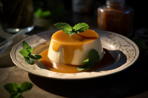 A plate of flan with mint leaves on it