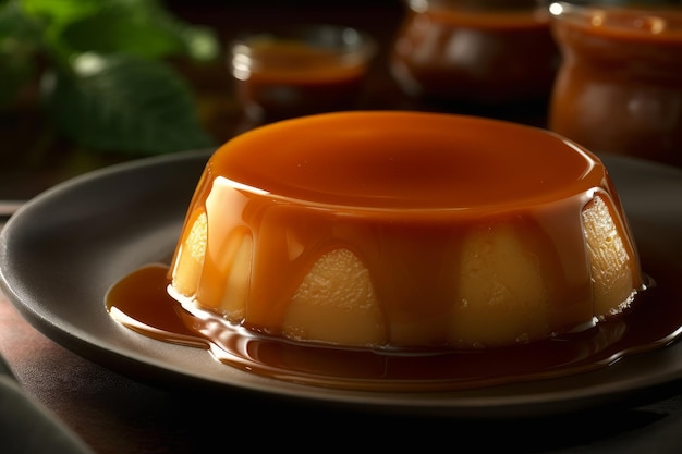 A plate of flan with a spoon on it