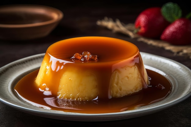 A plate of flan with a strawberries on the side