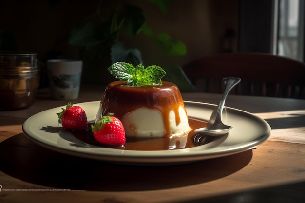 Photo a plate of flan with a strawberry and mint on it