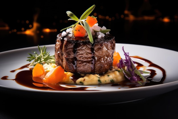 a plate of food on a black background