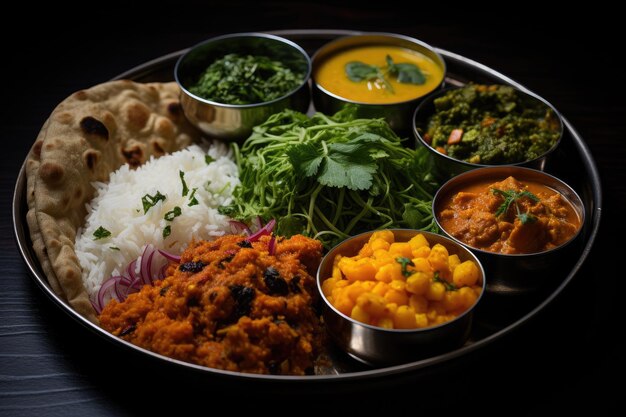 Photo a plate of food on a black surface