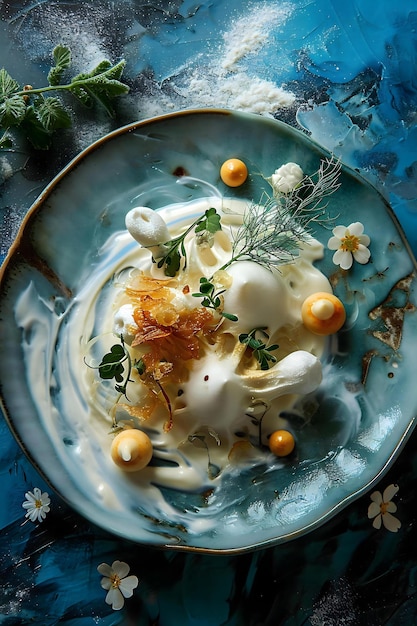 a plate of food on a blue table cloth