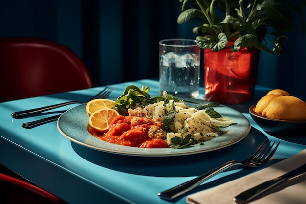 Photo a plate of food on a blue table