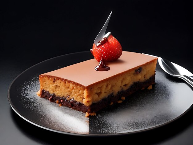 A plate of food cake with a knife on black background