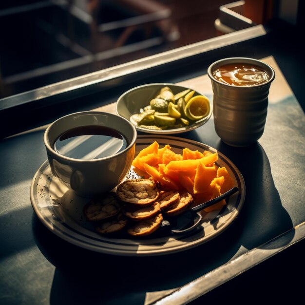 Photo a plate of food and a cup of coffee on a table