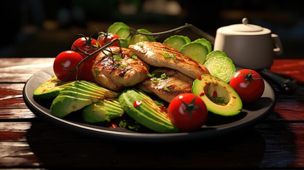 Foto piatto di cibo con avocado fresco e pomodori maturi perfetto per opzioni di pasti e ricette salutari