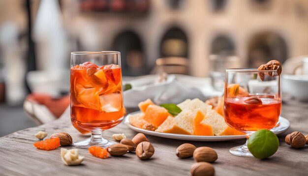 Photo a plate of food and a glass of juice on a table