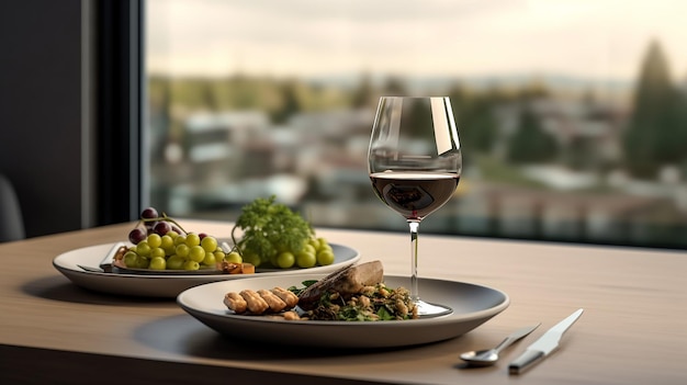 a plate of food and a glass of wine on a table generative AI