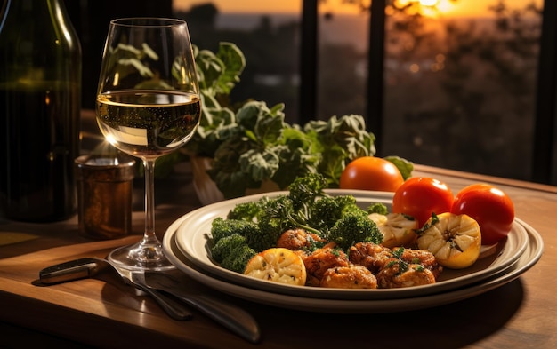 Photo a plate of food and a glass of wine on a table