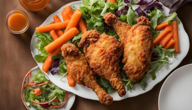 a plate of food including carrots lettuce and carrots