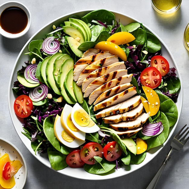 Foto un piatto di cibo che include avocado di pollo e avocado