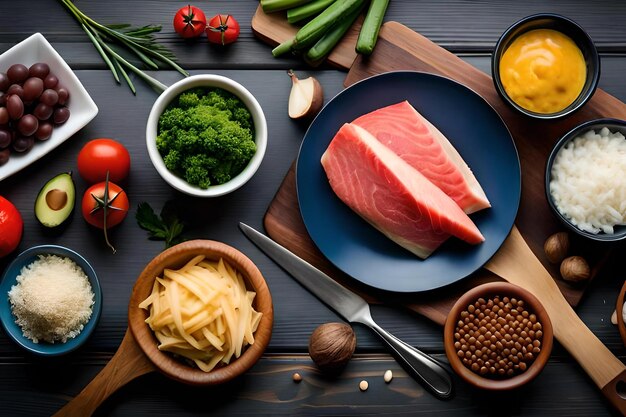 A plate of food including salmon, beans, and vegetables.