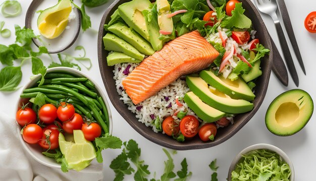 a plate of food including salmon lettuce and tomatoes