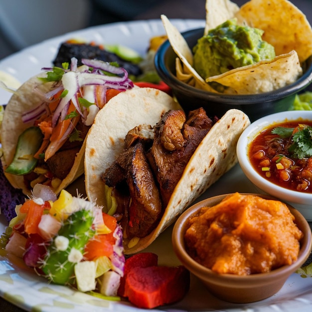 Foto un piatto di cibo che include tacos salsa e salsa