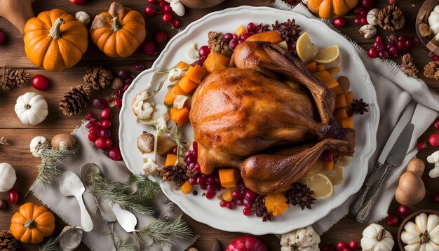 Photo a plate of food including a turkey some of which has the word thanksgiving on it