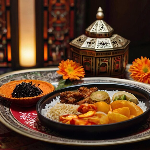 a plate of food is served on a table with a candle