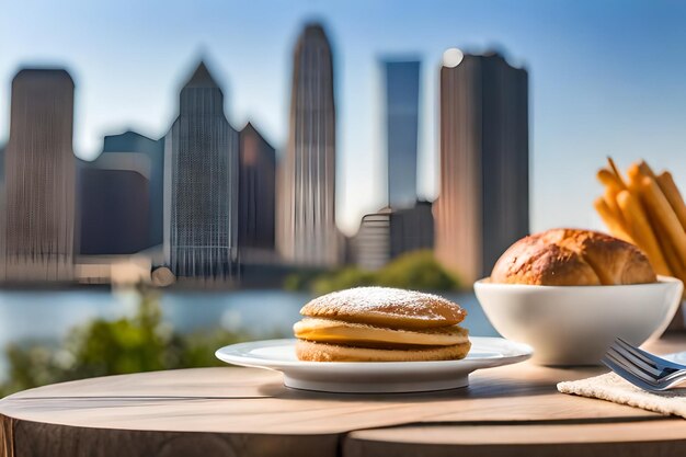 A plate of food and a plate with a pane of glass that says pancakes on it.