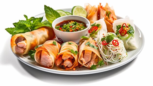 A plate of food spring rolls with a sauce on it