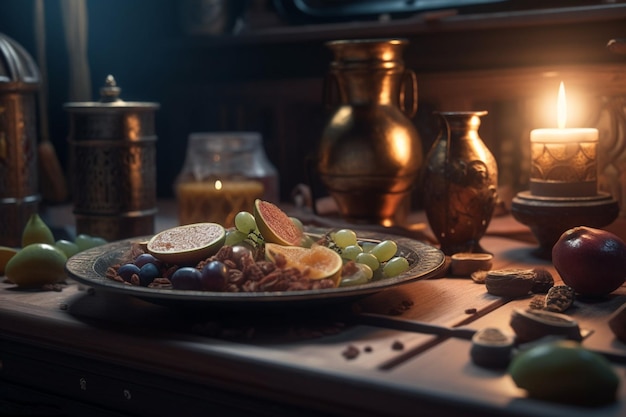 A plate of food on a table with a gold pot and a candle.