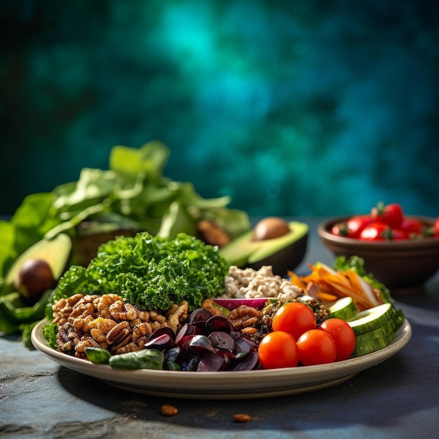 A plate of food on a table with a green background