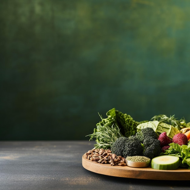 A plate of food on a table with a green background