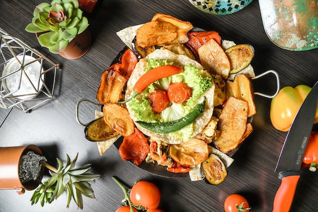 plate of food on table with knife