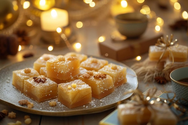 a plate of food on a table with lights in the background