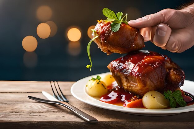 Photo a plate of food that has a fork and knife on it