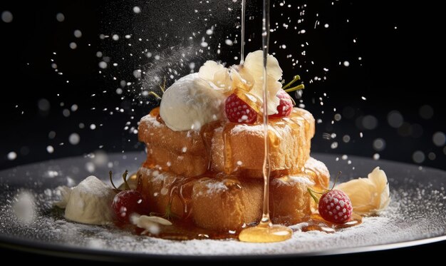 A plate of food that has some kind of cake on it